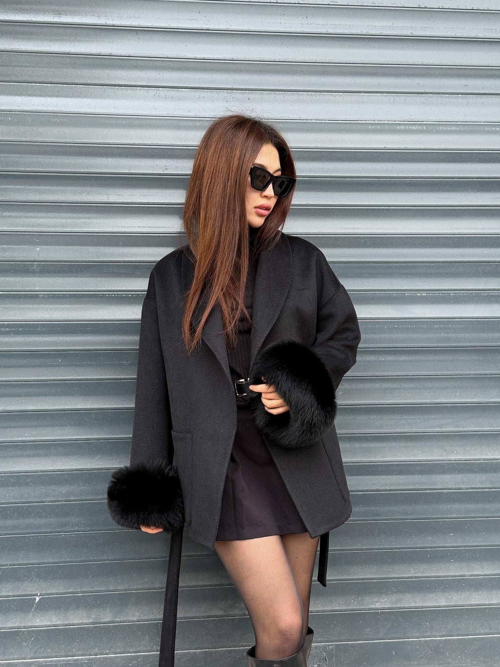 Black Short Alpaca Wool Coat, Cuffs Fox Fur Jacket, Women Fox Fur Jacket. - Fox Fur