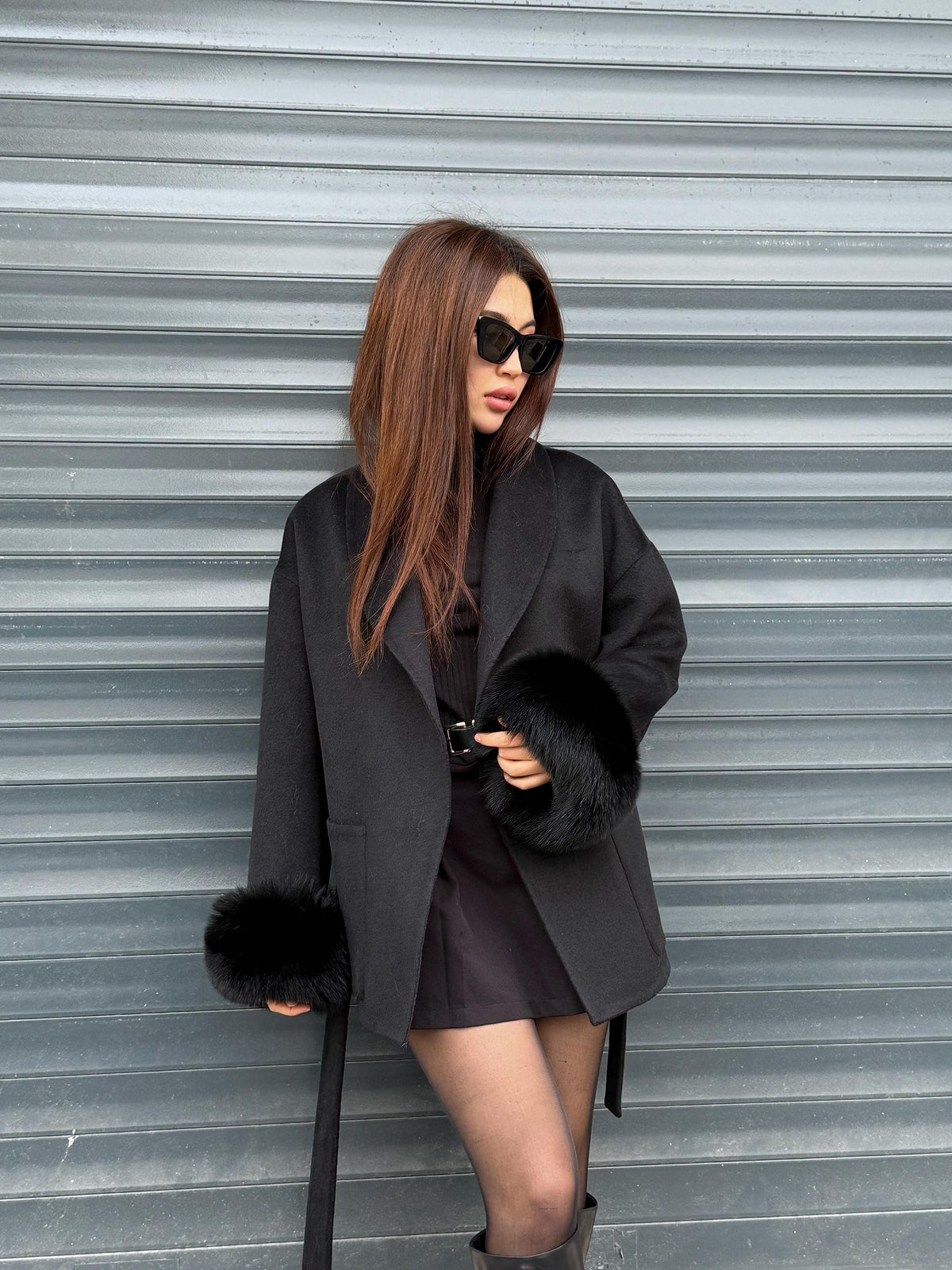 Black Short Alpaca Wool Coat, Cuffs Fox Fur Jacket, Women Fox Fur Jacket. - Fox Fur