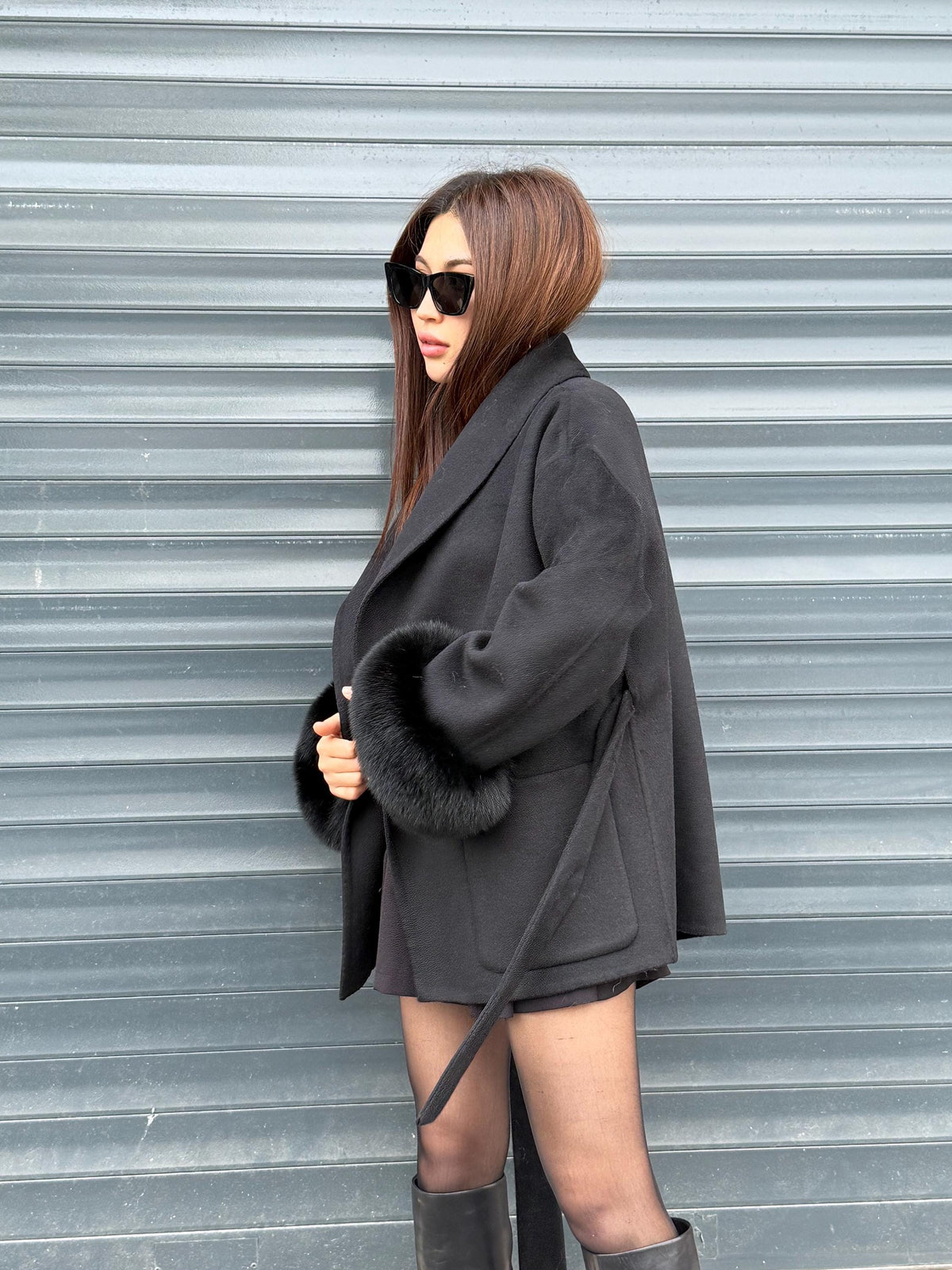 Black Short Alpaca Wool Coat, Cuffs Fox Fur Jacket, Women Fox Fur Jacket. - Fox Fur