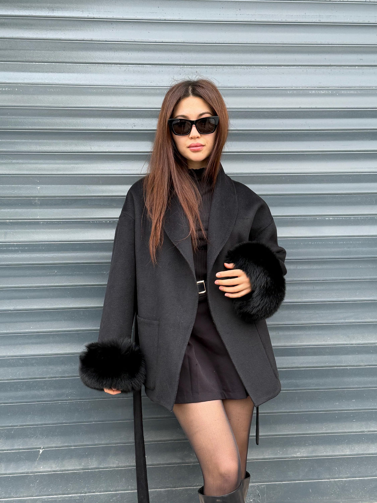 Black Short Alpaca Wool Coat, Cuffs Fox Fur Jacket, Women Fox Fur Jacket. - Fox Fur