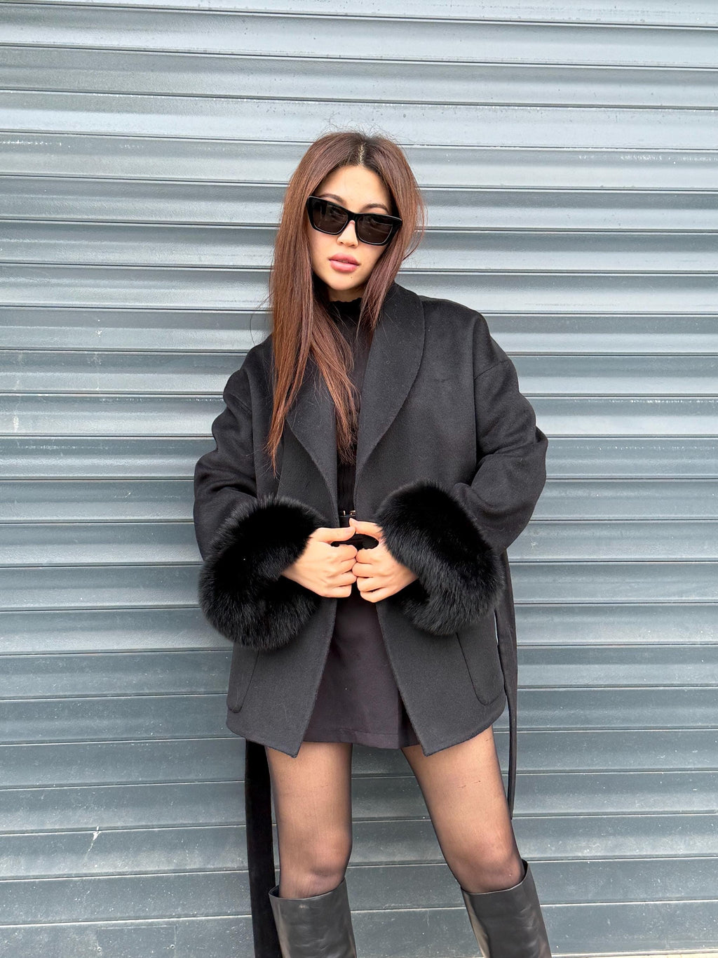 Black Short Alpaca Wool Coat, Cuffs Fox Fur Jacket, Women Fox Fur Jacket. - Fox Fur
