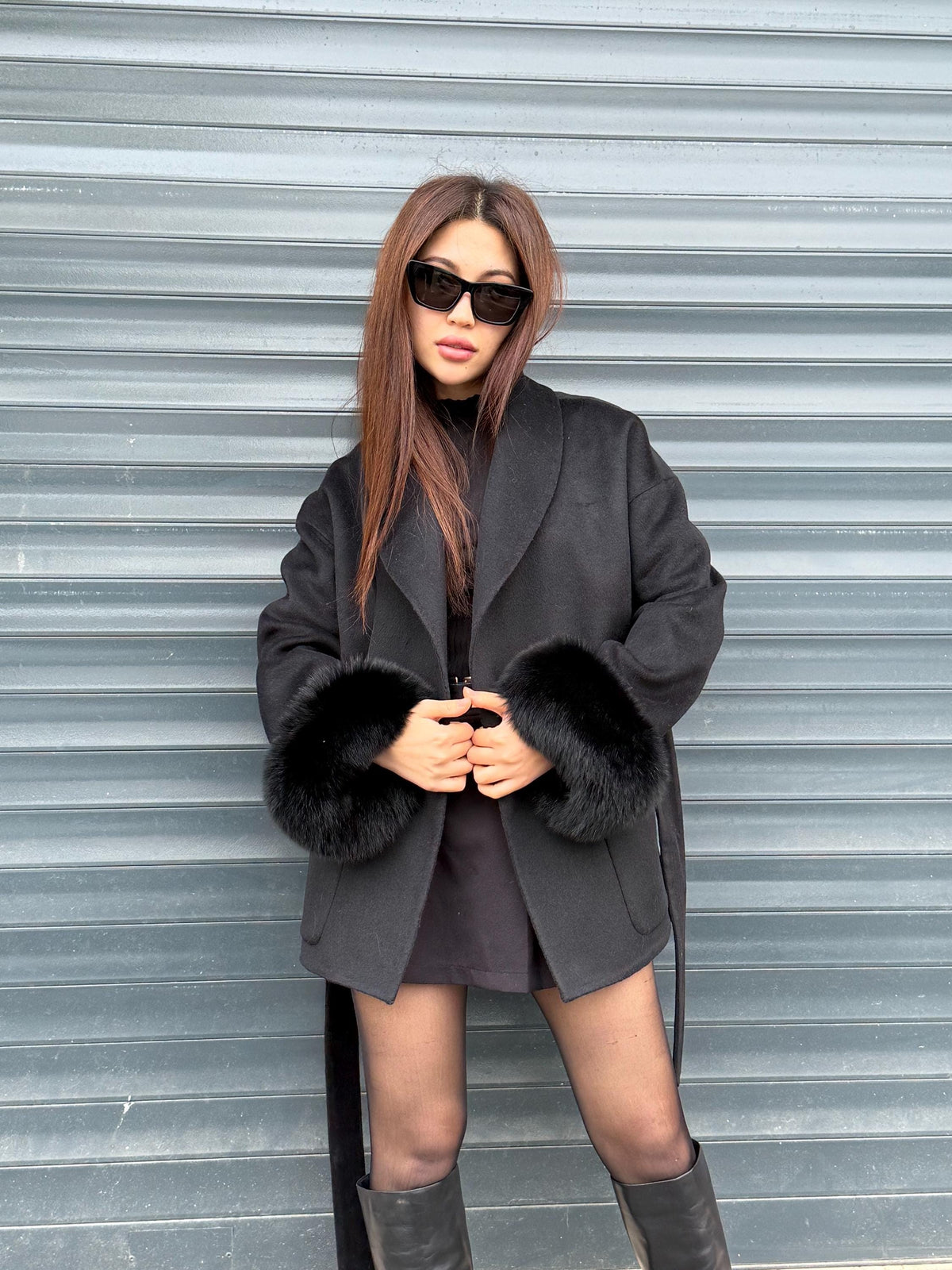Black Short Alpaca Wool Coat, Cuffs Fox Fur Jacket, Women Fox Fur Jacket. - Fox Fur