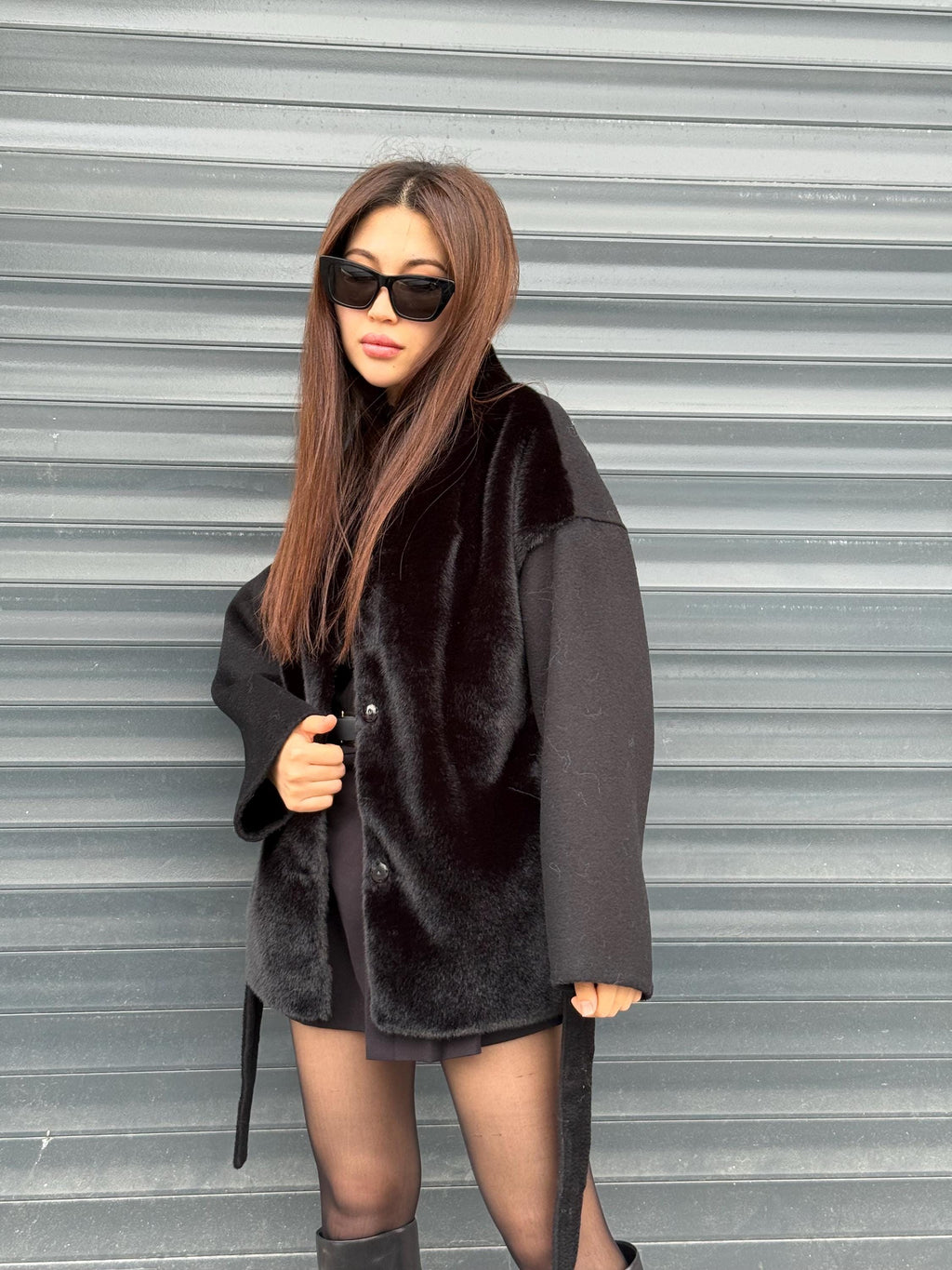 Black Short Zibellino Alpaca Wool Jacket, Short Front Faux Mink Fur Coat
