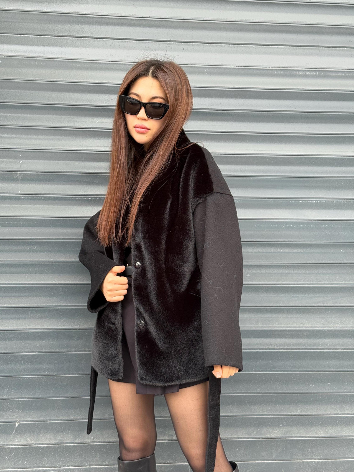 Black Short Zibellino Alpaca Wool Jacket, Short Front Faux Mink Fur Coat