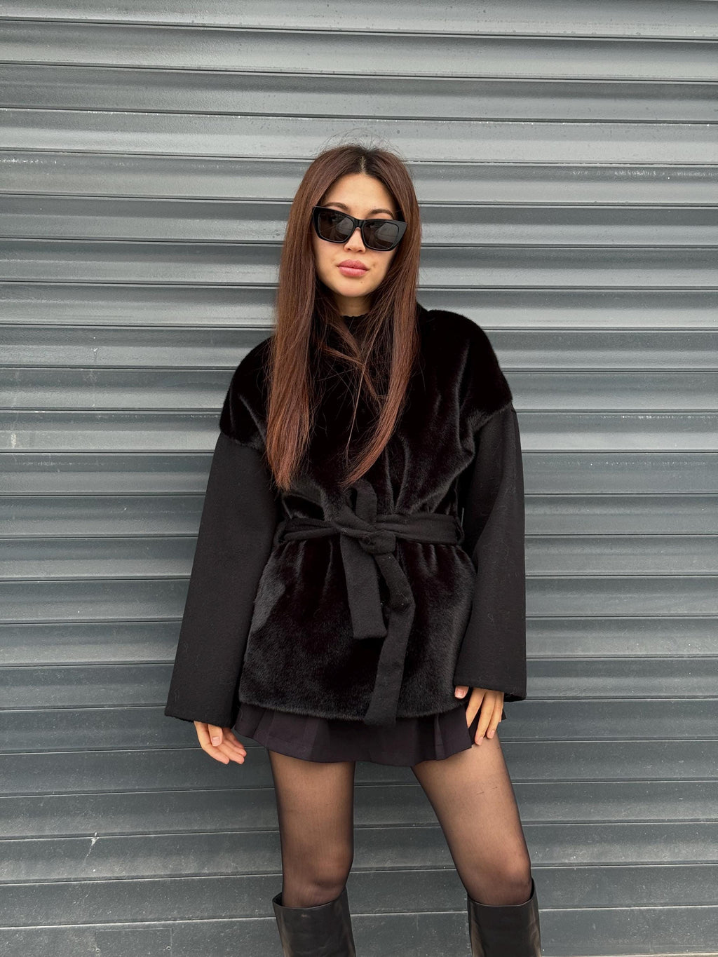 Black Short Zibellino Alpaca Wool Jacket, Short Front Faux Mink Fur Coat