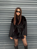Black Short Zibellino Alpaca Wool Jacket, Short Front Faux Mink Fur Coat