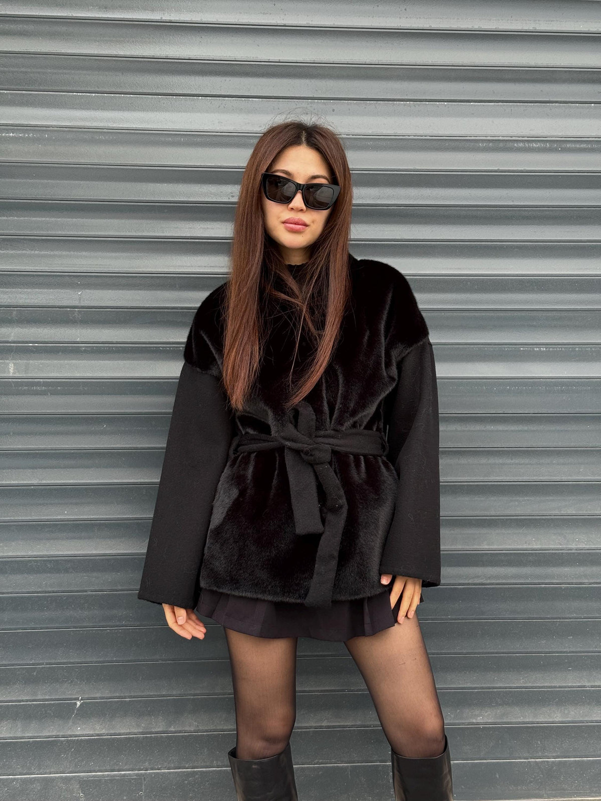 Black Short Zibellino Alpaca Wool Jacket, Short Front Faux Mink Fur Coat