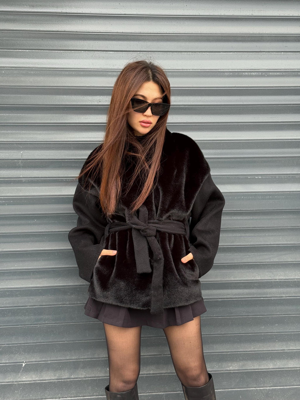 Black Short Zibellino Alpaca Wool Jacket, Short Front Faux Mink Fur Coat