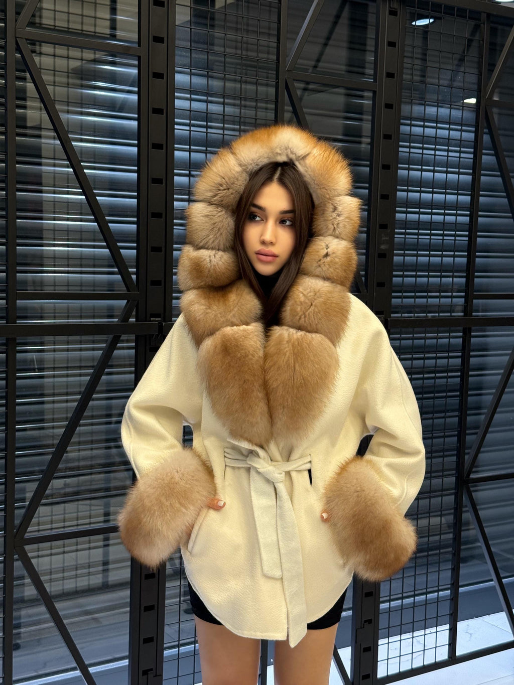 White Zibellino Virgin Wool Alpaca Coat, Women’s Hood Cuffs Fox Fur Jacket