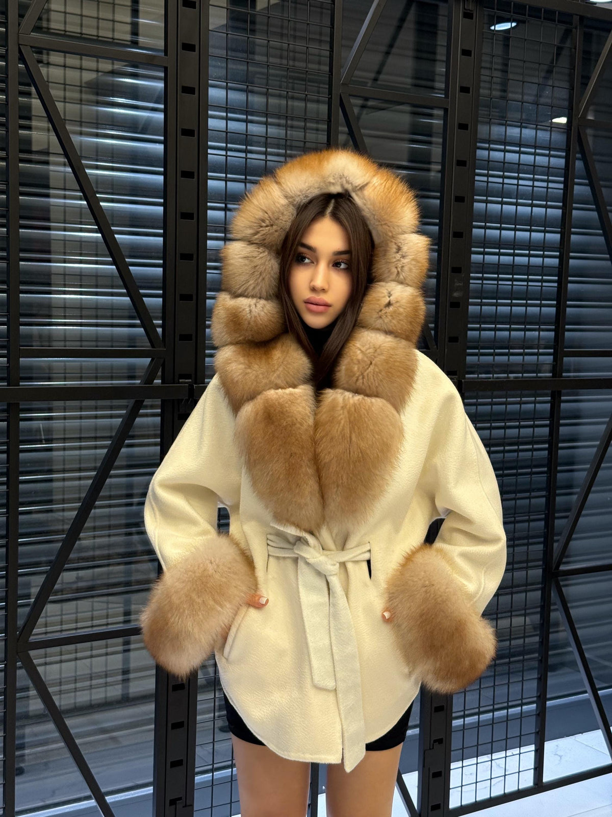 White Zibellino Virgin Wool Alpaca Coat, Women’s Hood Cuffs Fox Fur Jacket