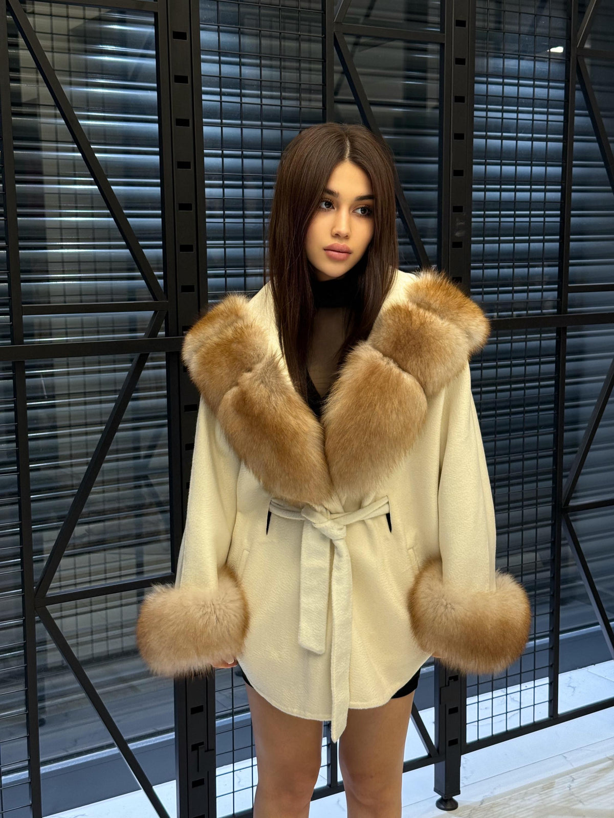 White Zibellino Virgin Wool Alpaca Coat, Women’s Hood Cuffs Fox Fur Jacket