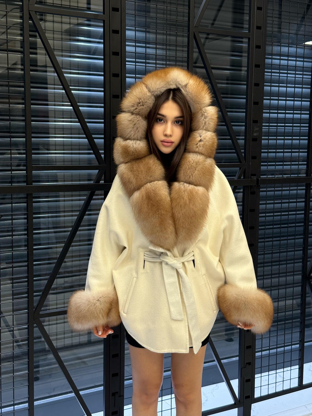White Zibellino Virgin Wool Alpaca Coat, Women’s Hood Cuffs Fox Fur Jacket