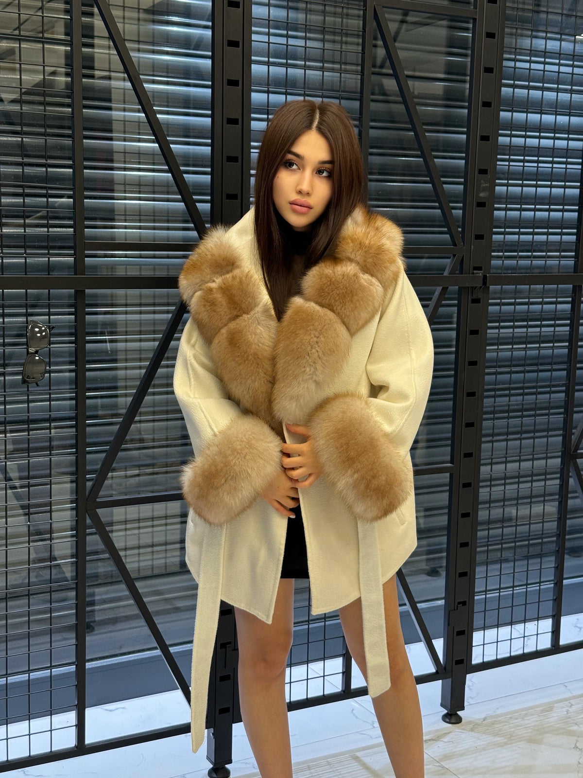 White Zibellino Virgin Wool Alpaca Coat, Women’s Hood Cuffs Fox Fur Jacket