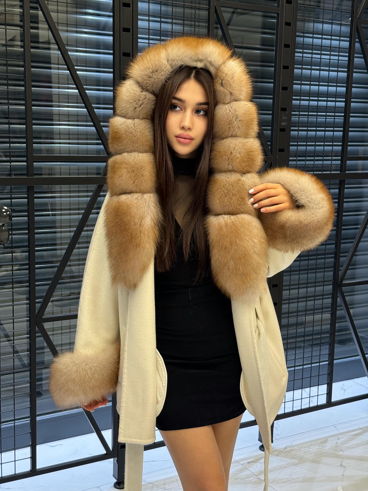White Zibellino Virgin Wool Alpaca Coat, Women’s Hood Cuffs Fox Fur Jacket