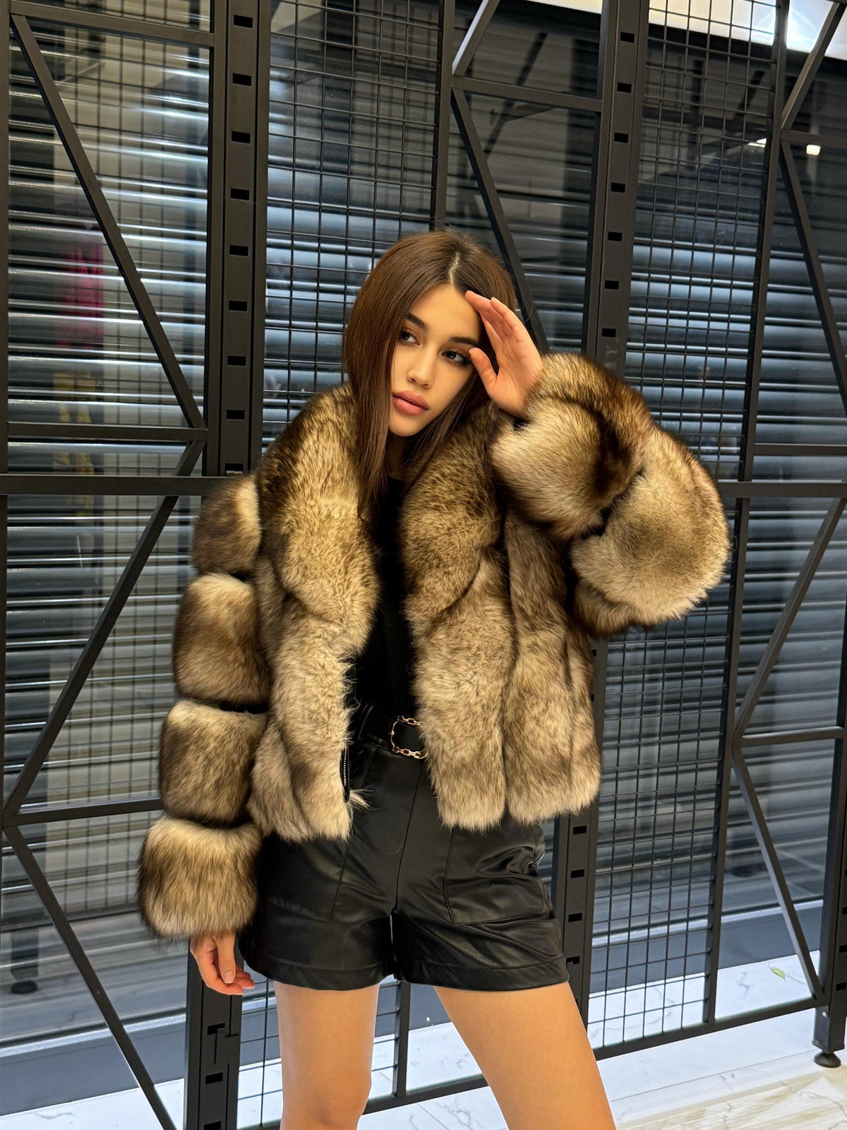 Beige Fox Fur Jacket, Short Detachable Sleeves Fox Fur Jacket, Women Fox Fur Coat