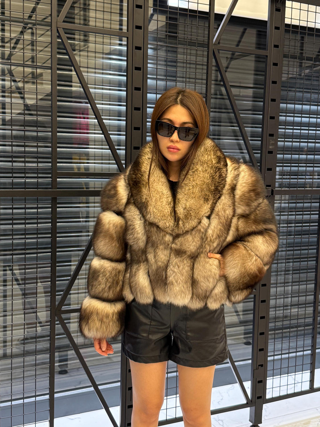 Beige Fox Fur Jacket, Short Detachable Sleeves Fox Fur Jacket, Women Fox Fur Coat