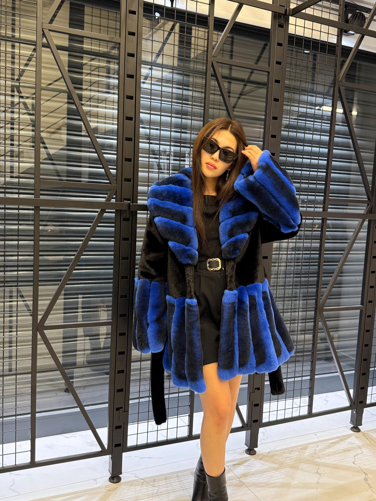 Women’s Black Faux Mink Fur Coat: Handmade Genuine Sax Blue Rex Fur Trim Jacket