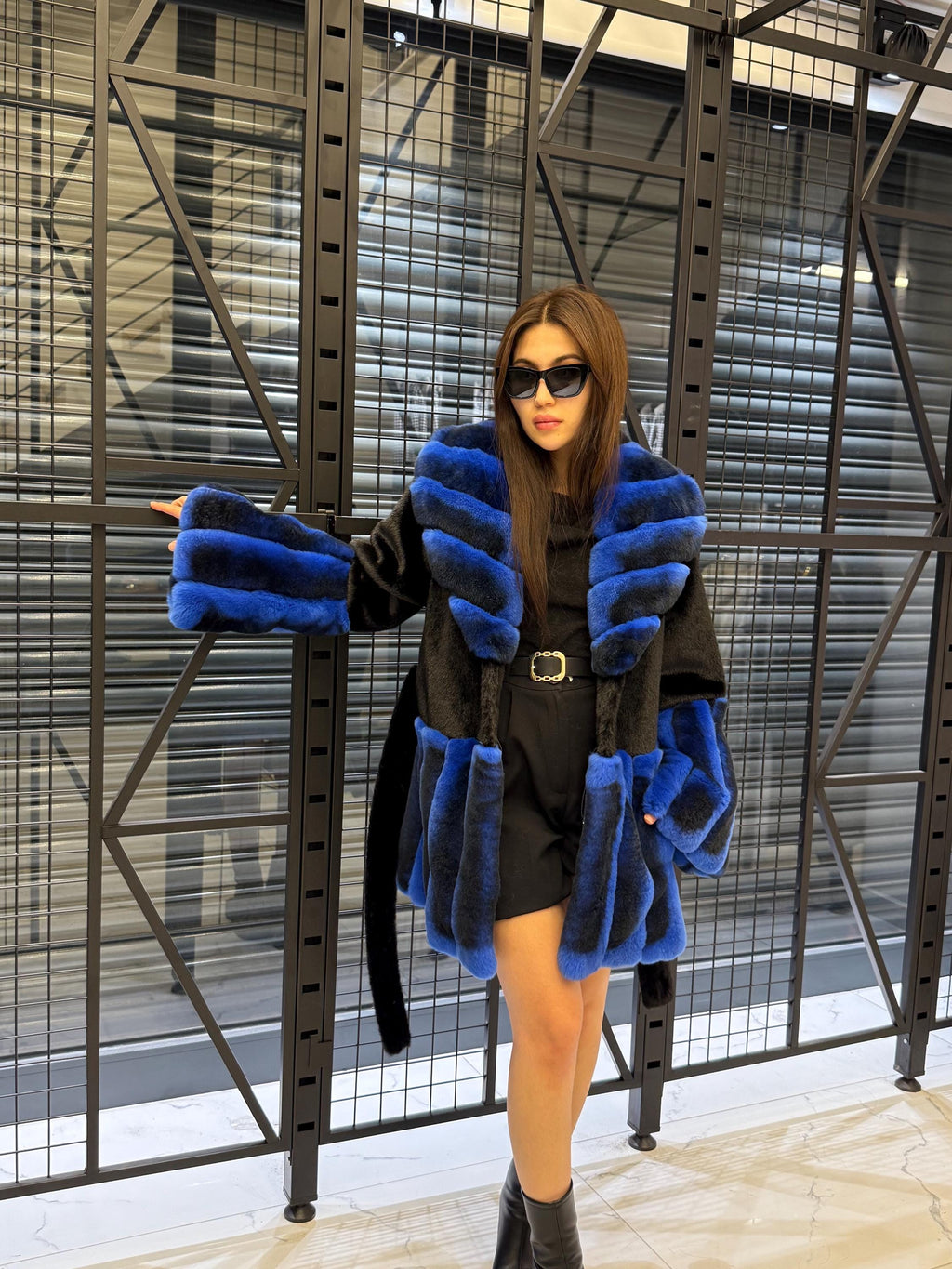 Women’s Black Faux Mink Fur Coat: Handmade Genuine Sax Blue Rex Fur Trim Jacket