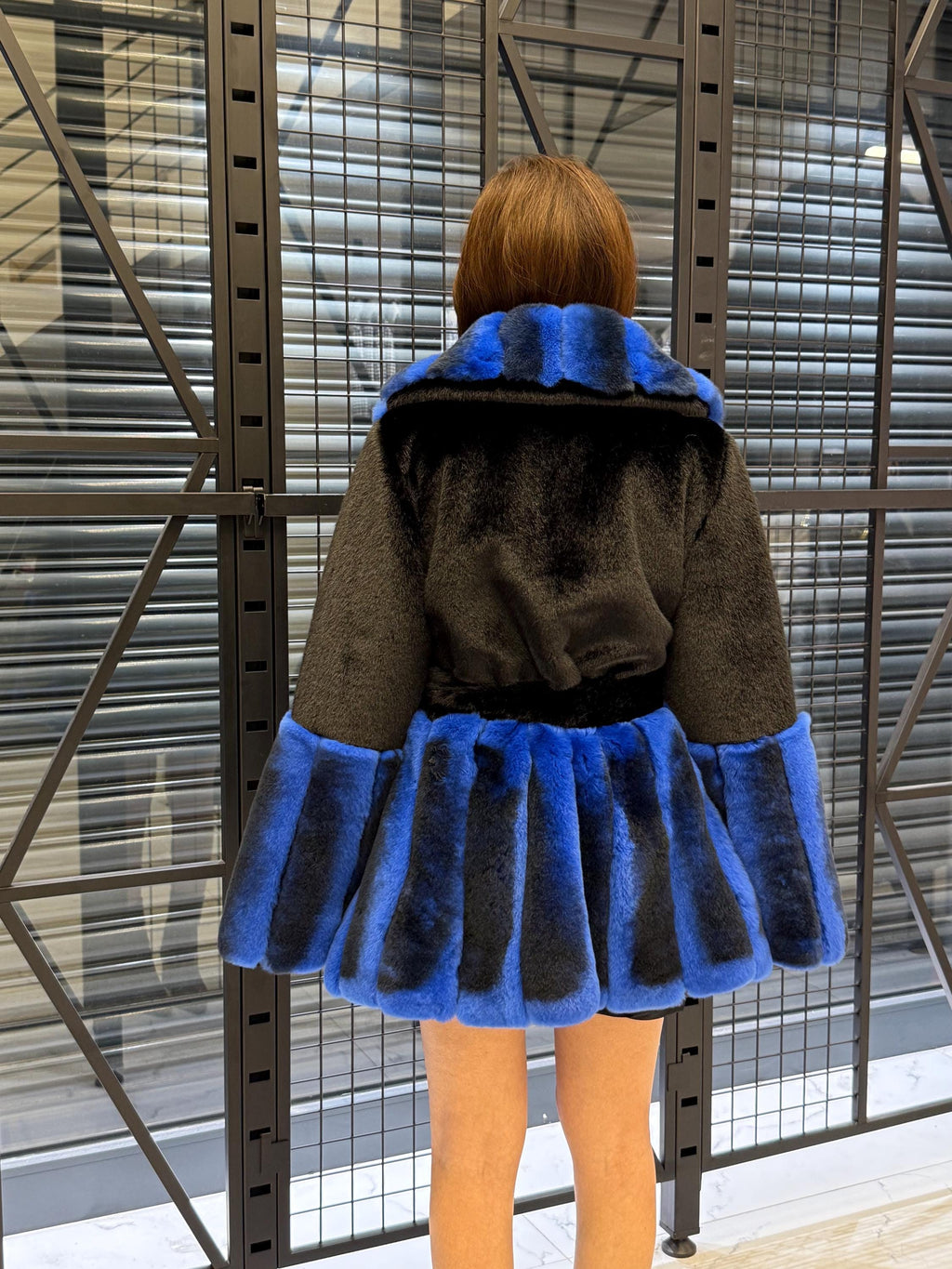 Women’s Black Faux Mink Fur Coat: Handmade Genuine Sax Blue Rex Fur Trim Jacket