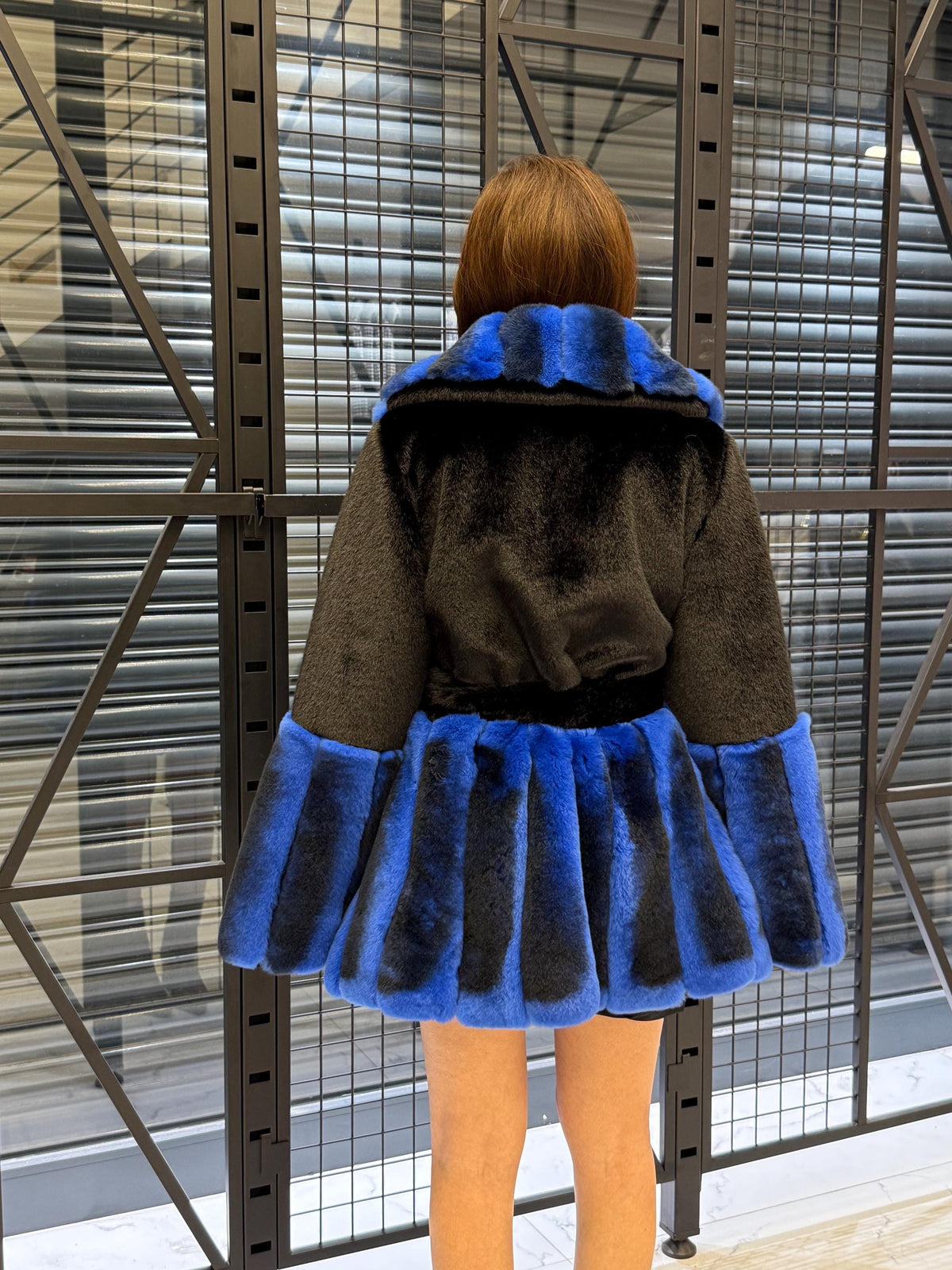 Women’s Black Faux Mink Fur Coat: Handmade Genuine Sax Blue Rex Fur Trim Jacket