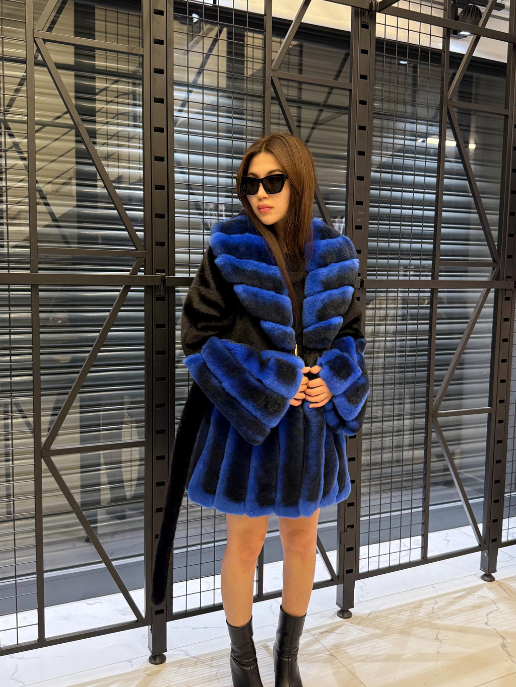 Women’s Black Faux Mink Fur Coat: Handmade Genuine Sax Blue Rex Fur Trim Jacket