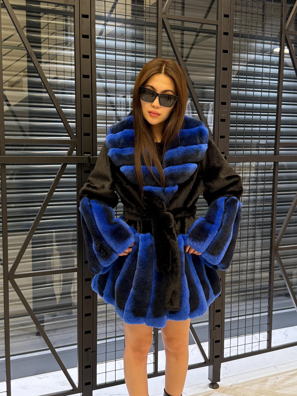 Women’s Black Faux Mink Fur Coat: Handmade Genuine Sax Blue Rex Fur Trim Jacket