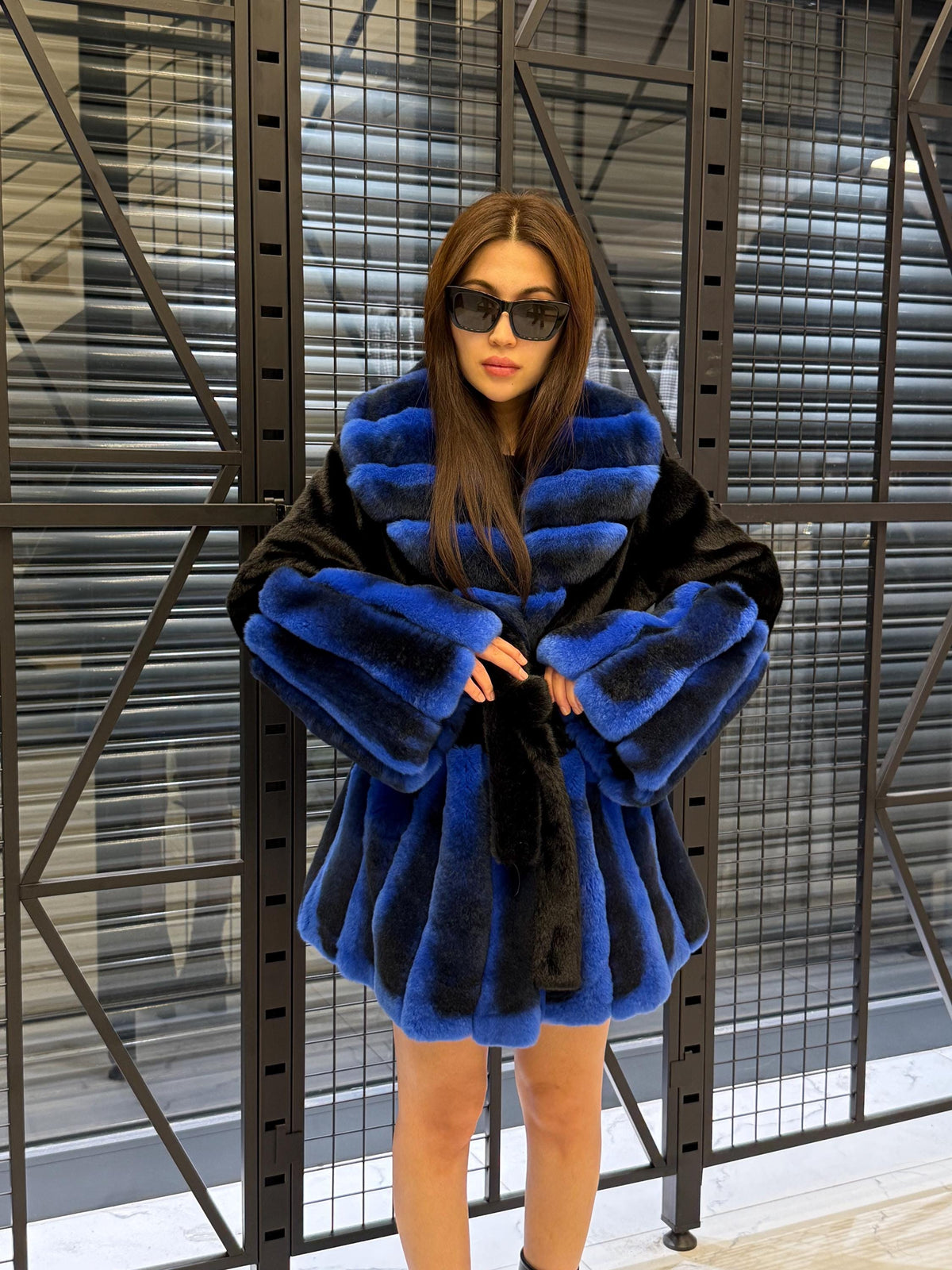 Women’s Black Faux Mink Fur Coat: Handmade Genuine Sax Blue Rex Fur Trim Jacket