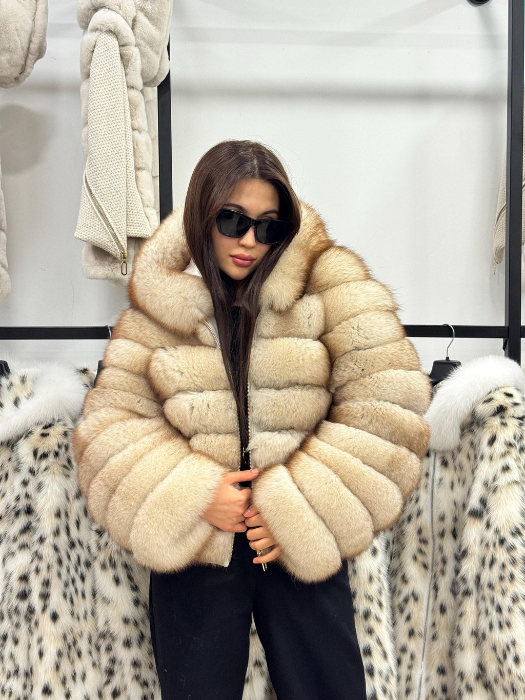 Women’s Beige Fox Fur Jacket, Luxury Hooded Fur Coat With Detachable Sleeves