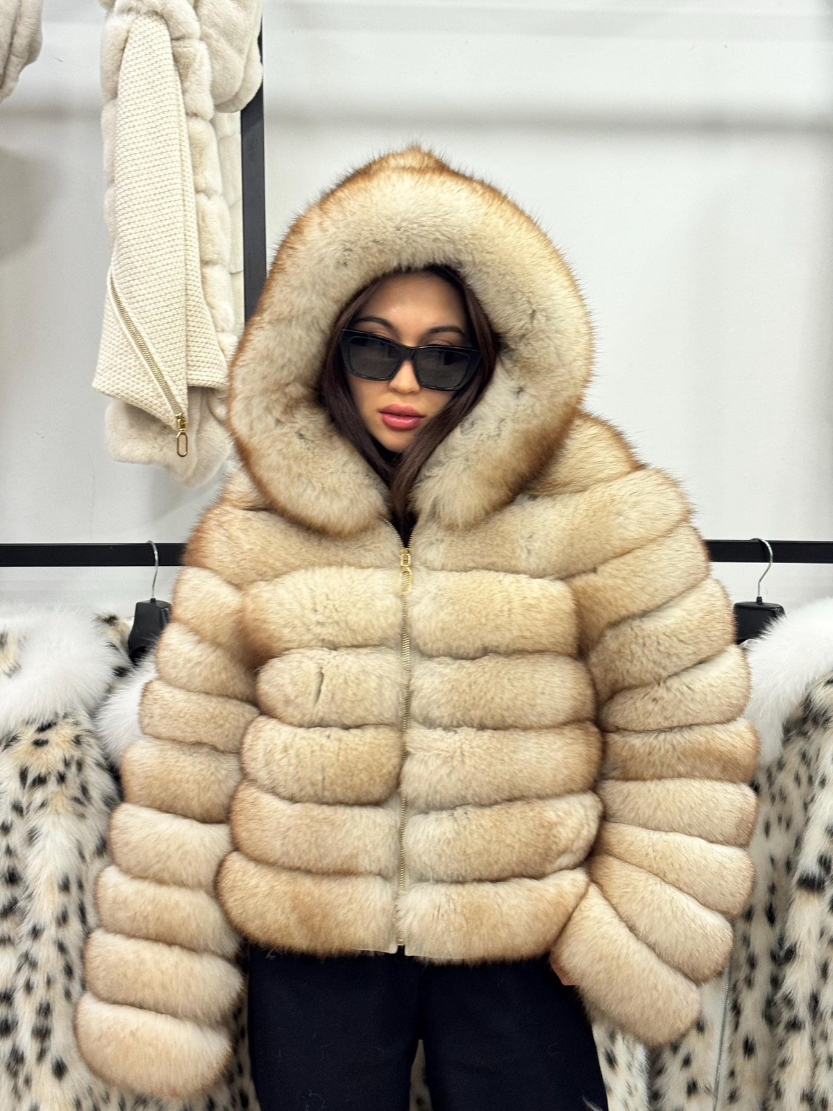 Women’s Beige Fox Fur Jacket, Luxury Hooded Fur Coat With Detachable Sleeves