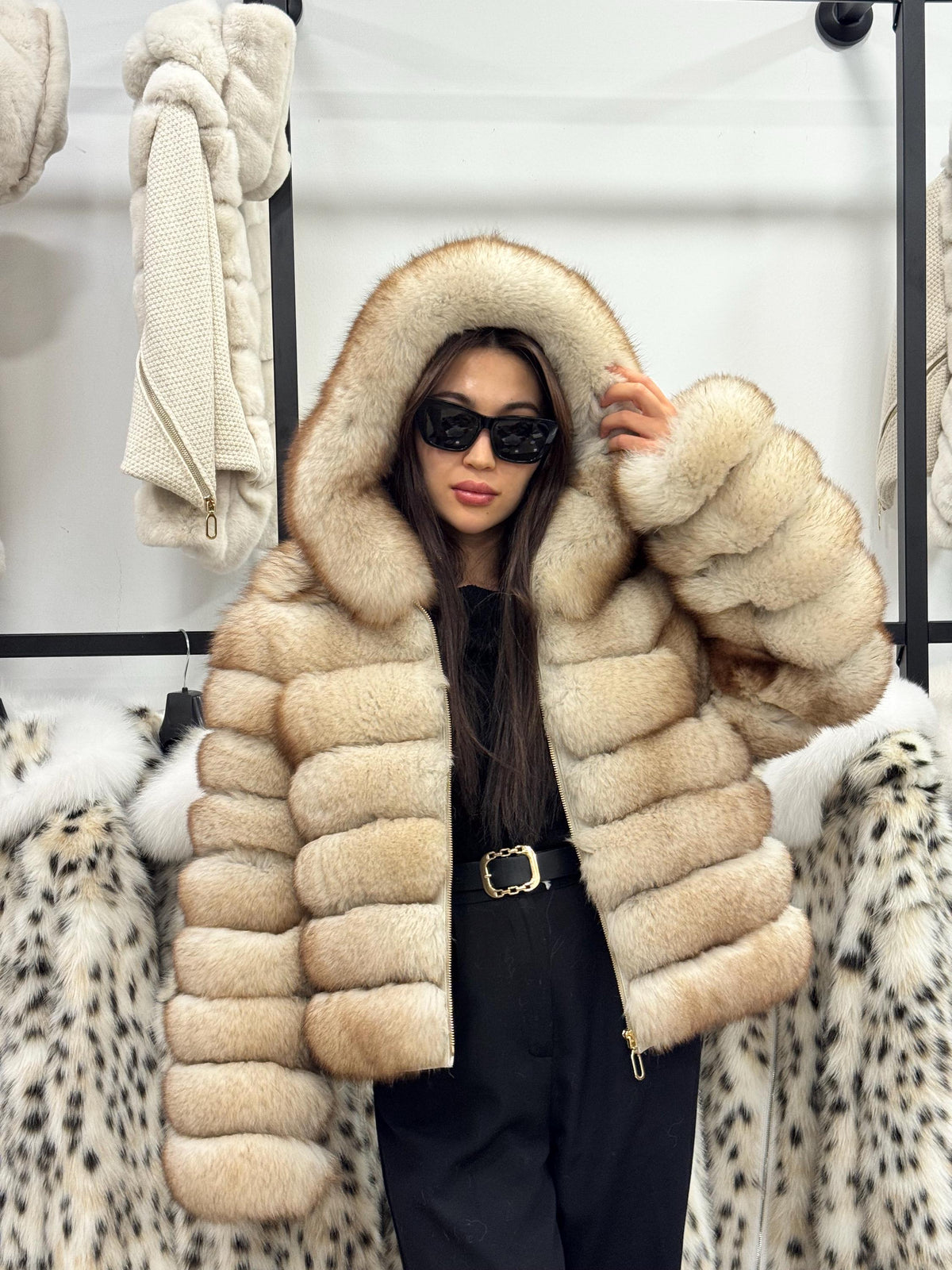 Women’s Beige Fox Fur Jacket, Luxury Hooded Fur Coat With Detachable Sleeves