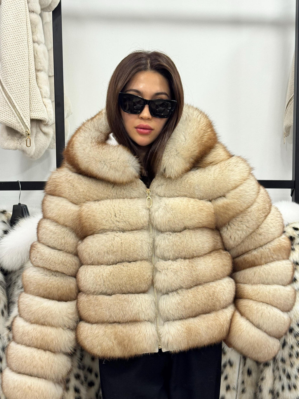 Women’s Beige Fox Fur Jacket, Luxury Hooded Fur Coat With Detachable Sleeves
