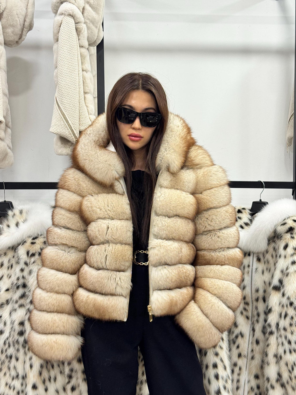 Women’s Beige Fox Fur Jacket, Luxury Hooded Fur Coat With Detachable Sleeves