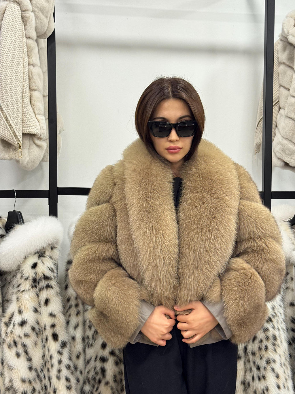 Camel Fox Fur Jacket Women, Short Handmade Fur Coat