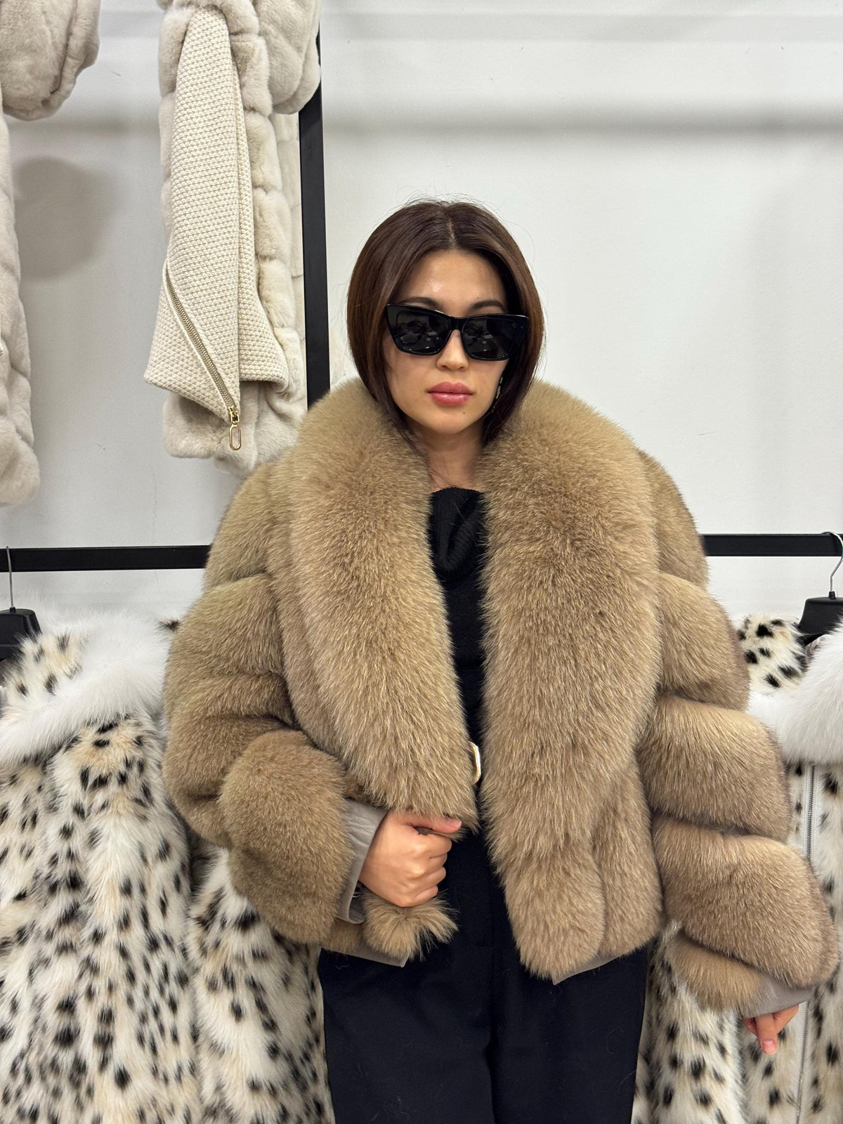 Camel Fox Fur Jacket Women, Short Handmade Fur Coat