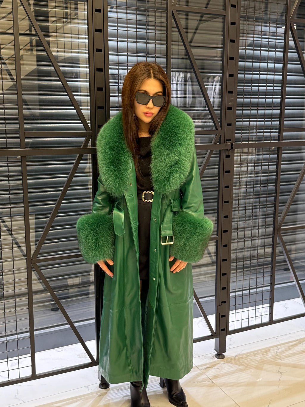 Women’s Green Long Leather Trench Coat, Luxury Collar Cuffs - Fox Fur Jacket