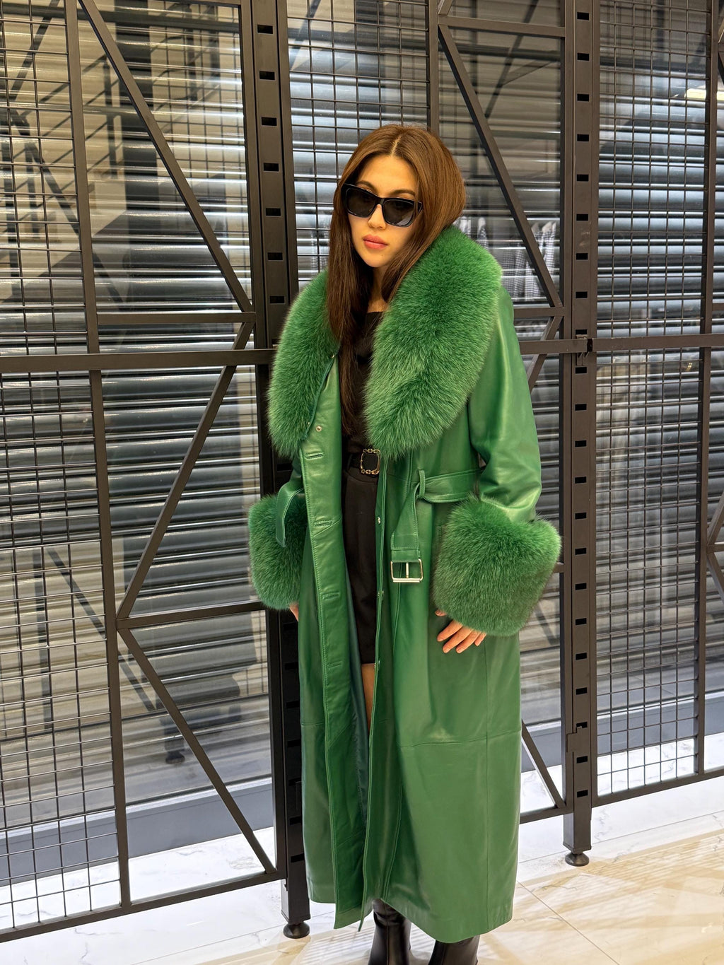 Women’s Green Long Leather Trench Coat, Luxury Collar Cuffs - Fox Fur Jacket