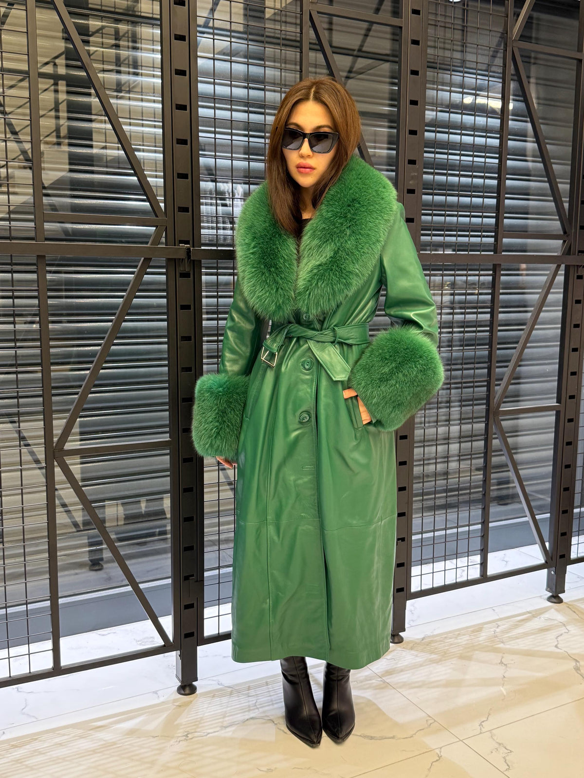 Women’s Green Long Leather Trench Coat, Luxury Collar Cuffs - Fox Fur Jacket