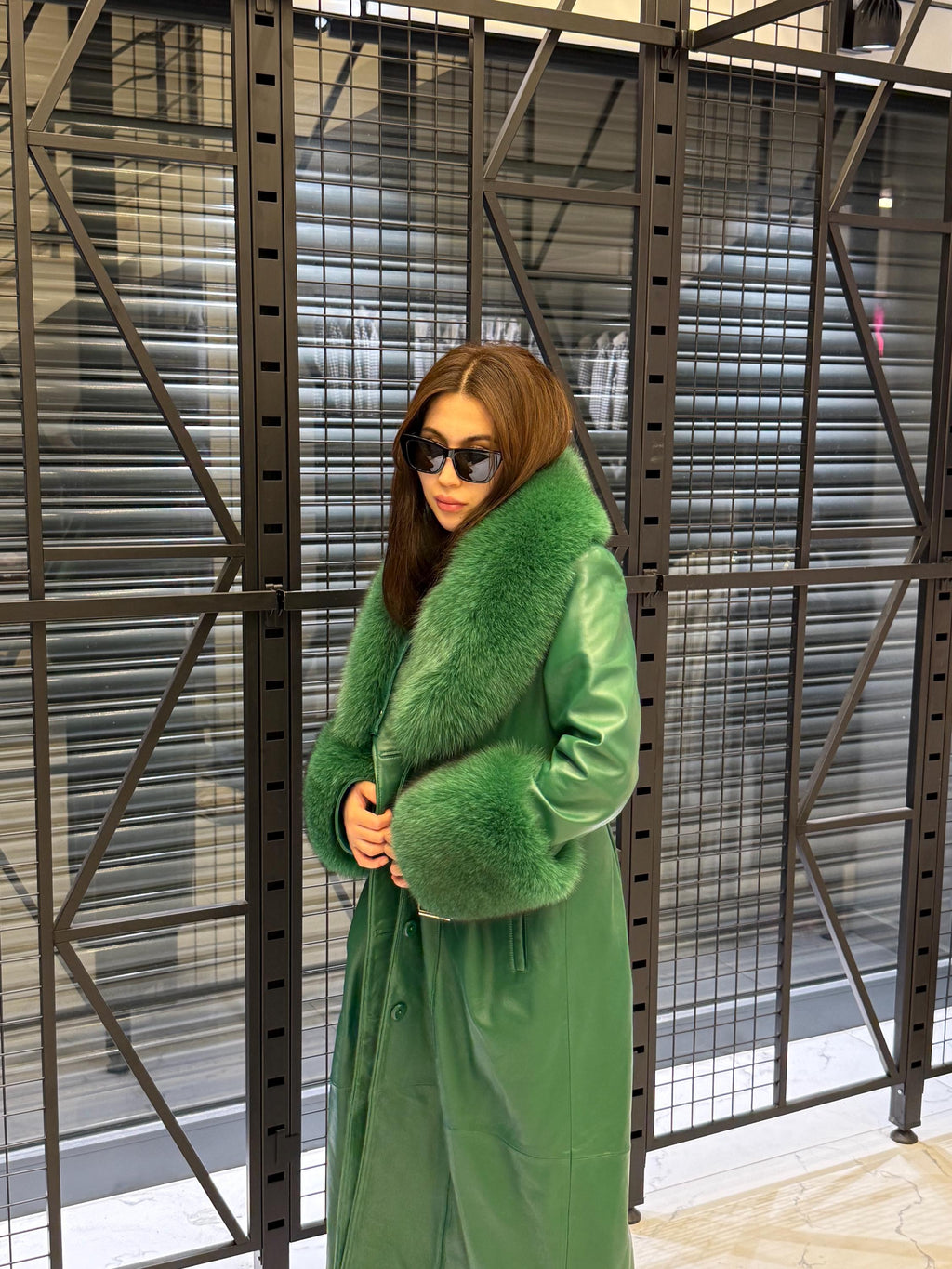 Women’s Green Long Leather Trench Coat, Luxury Collar Cuffs - Fox Fur Jacket