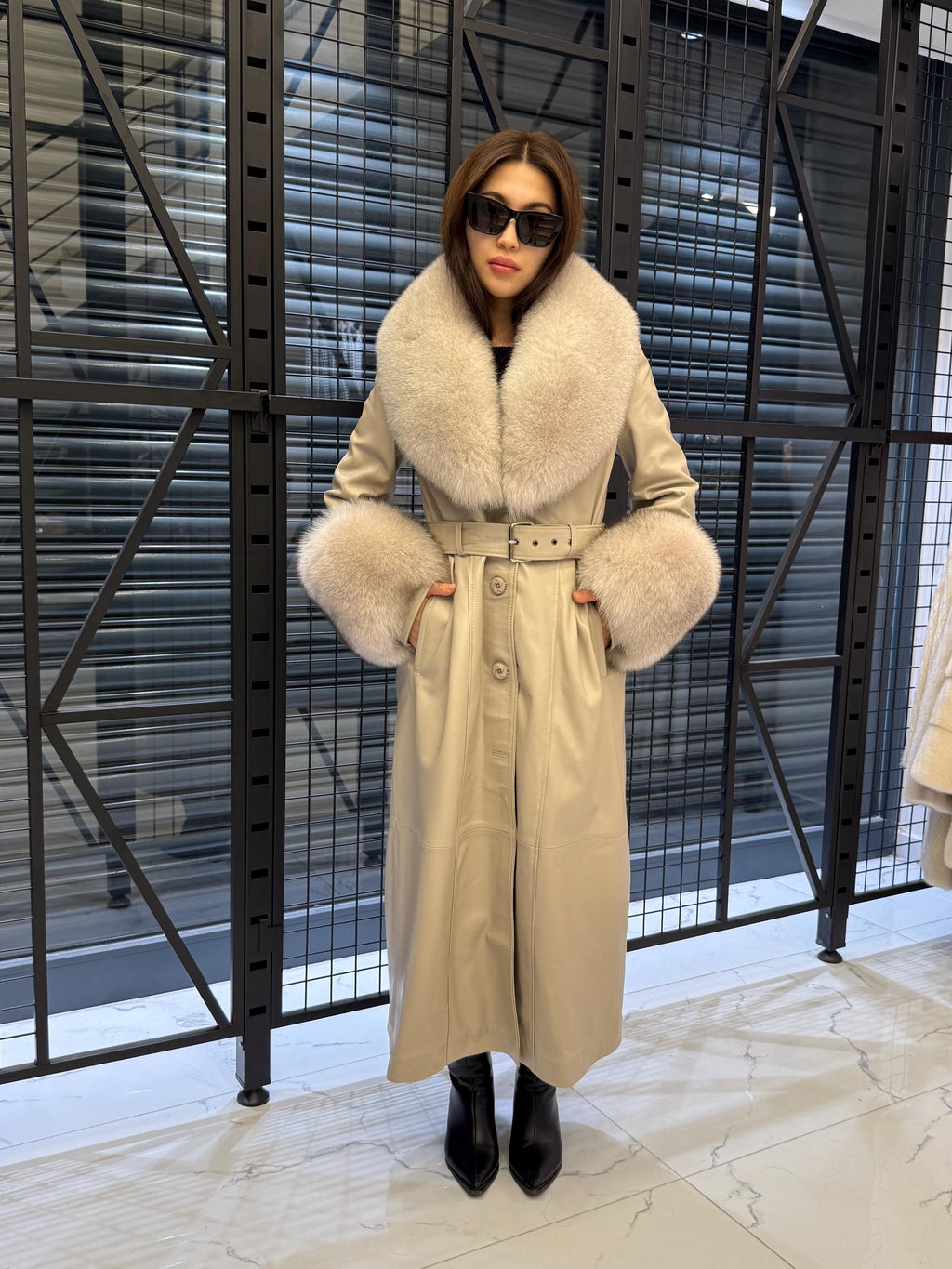 Women’s Beige Long Leather Trench Coat, Luxury Collar & Cuffs- Fox Fur Jacket
