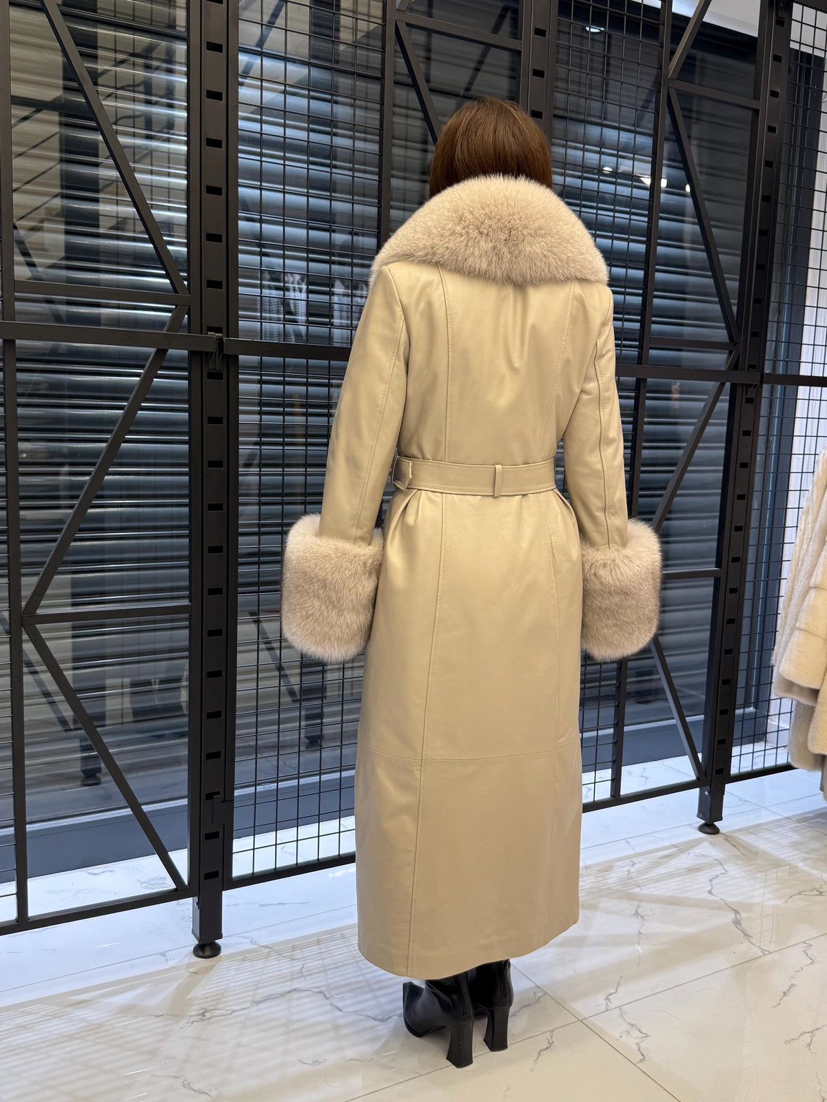 Women’s Beige Long Leather Trench Coat, Luxury Collar & Cuffs- Fox Fur Jacket