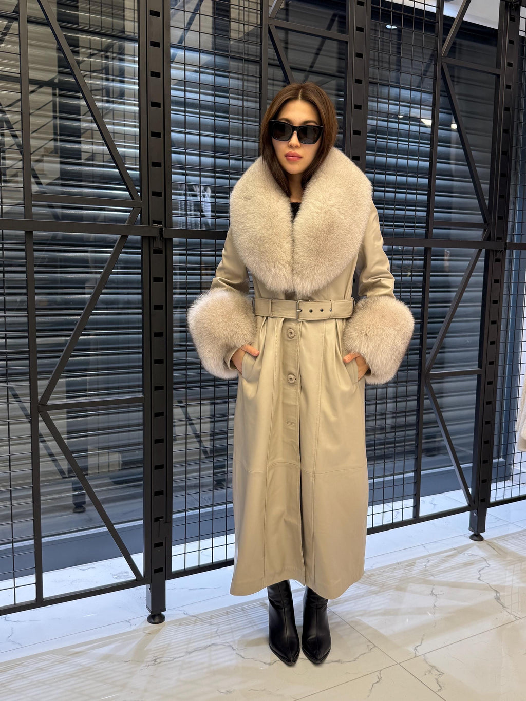 Women’s Beige Long Leather Trench Coat, Luxury Collar & Cuffs- Fox Fur Jacket