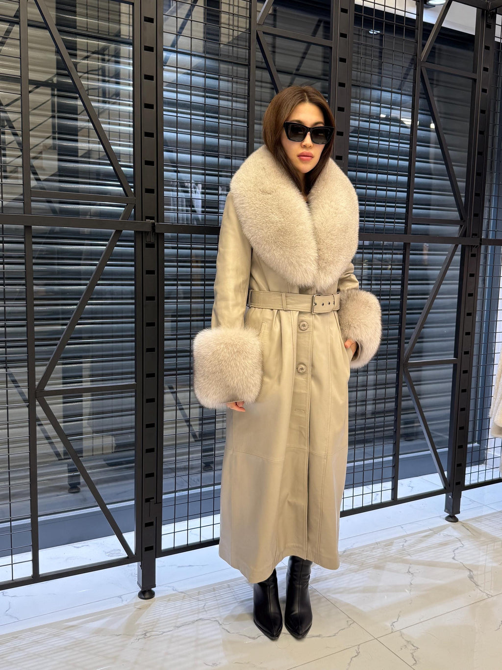 Women’s Beige Long Leather Trench Coat, Luxury Collar & Cuffs- Fox Fur Jacket
