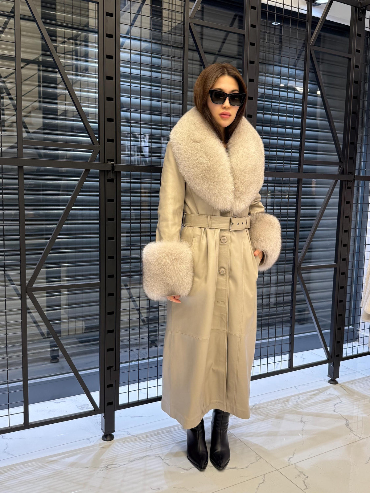 Women’s Beige Long Leather Trench Coat, Luxury Collar & Cuffs- Fox Fur Jacket