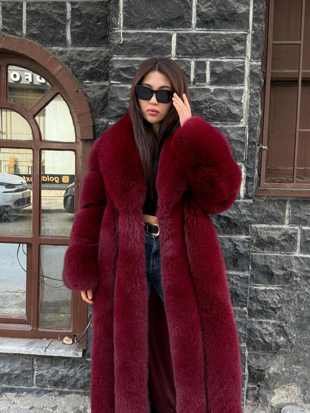 Long Burgundy Fox Fur Coat, Unisex Luxury Winter Fox Fur Jacket