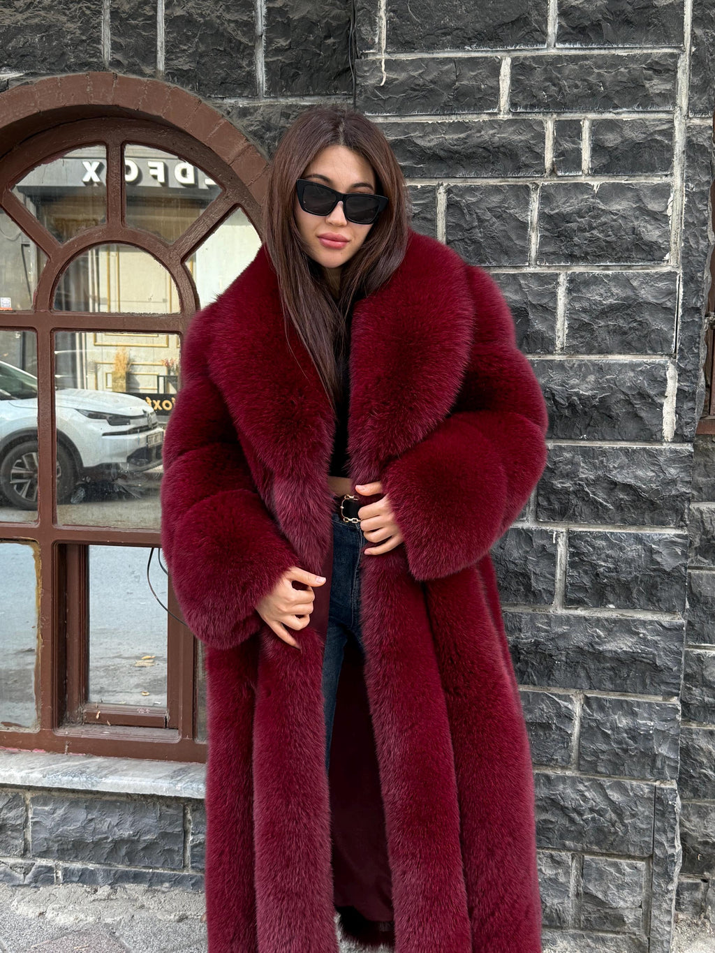 Long Burgundy Fox Fur Coat, Unisex Luxury Winter Fox Fur Jacket