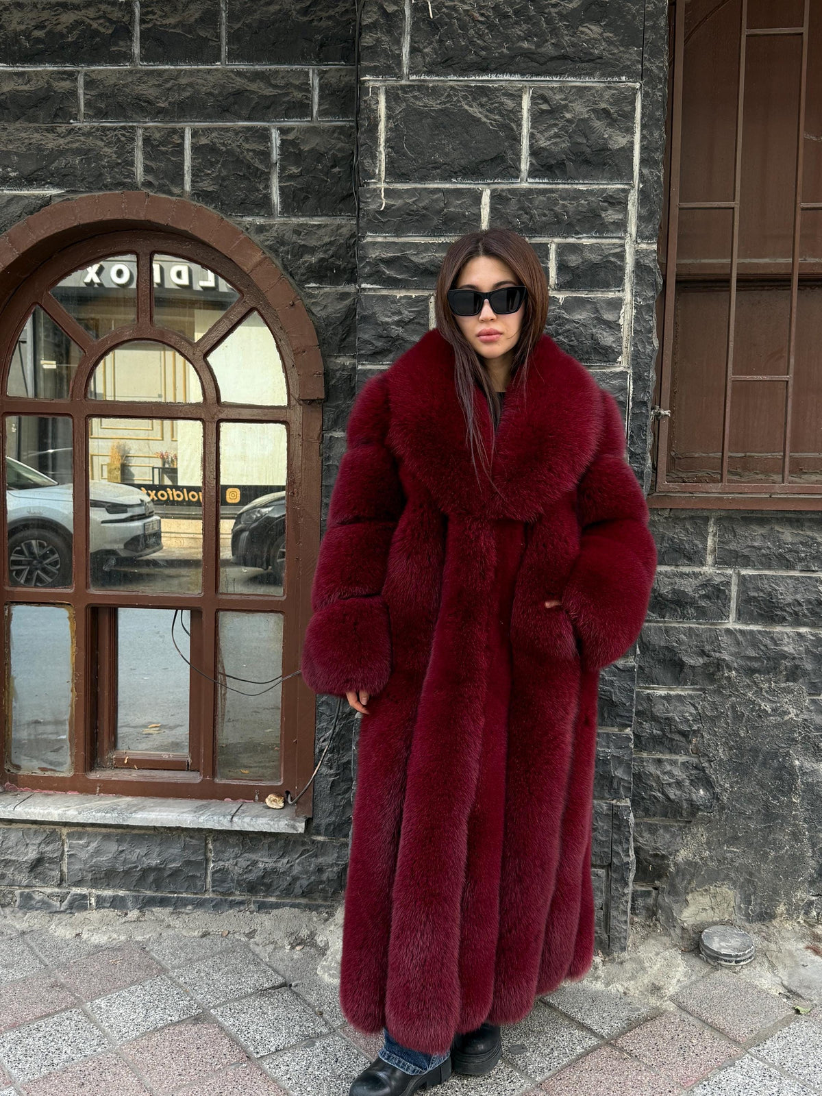 Long Burgundy Fox Fur Coat, Unisex Luxury Winter Fox Fur Jacket