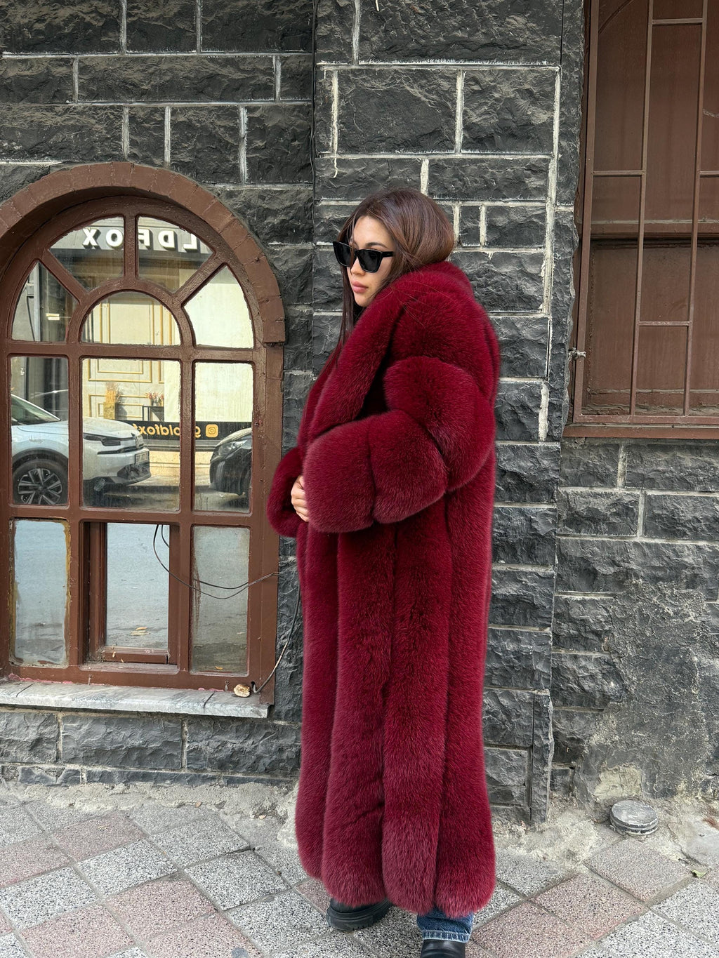 Long Burgundy Fox Fur Coat, Unisex Luxury Winter Fox Fur Jacket