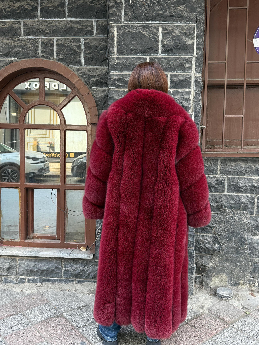Long Burgundy Fox Fur Coat, Unisex Luxury Winter Fox Fur Jacket