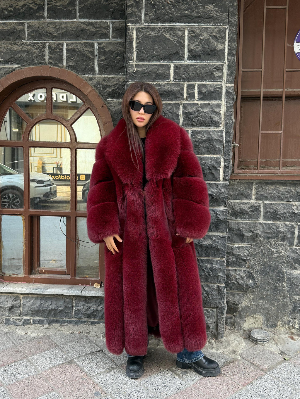 Long Burgundy Fox Fur Coat, Unisex Luxury Winter Fox Fur Jacket