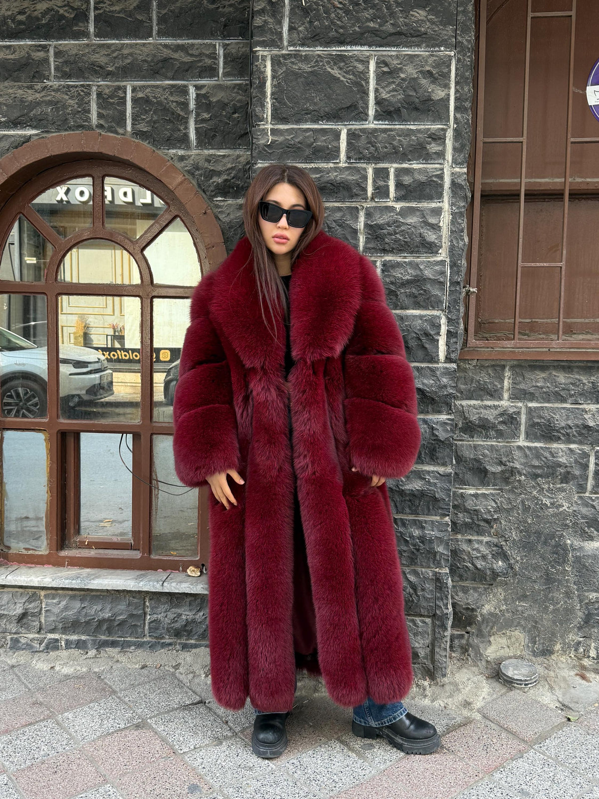 Long Burgundy Fox Fur Coat, Unisex Luxury Winter Fox Fur Jacket